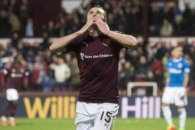 Don Cowie celebrates scoring in Hearts 4-1 win over Rangers in February 2017