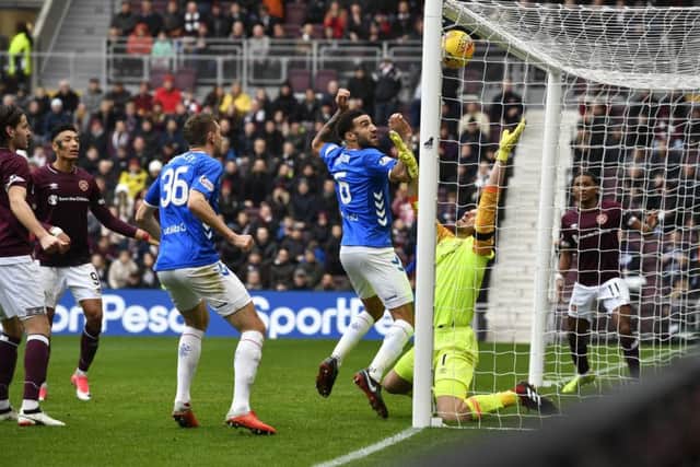Connor Goldson scores for Rangers. Pic: SNS