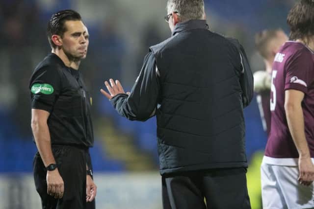 Hearts manager Craig Levein complains to the officials at full-time. Picture: SNS