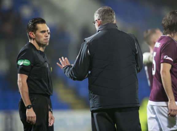 Hearts manager Craig Levein complains to the officials at full-time. Picture: SNS
