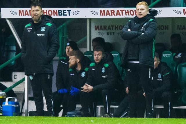 Hibs manager Neil Lennon, right, with assistant manager Garry Parker, watches on during his side's draw with St Mirren. Picture: SNS