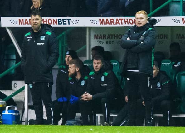 Hibs manager Neil Lennon, right, with assistant manager Garry Parker, watches on during his side's draw with St Mirren. Picture: SNS