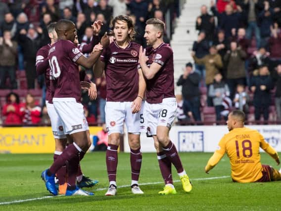 Peter Haring celebrates after scoring the only goal of the game for Hearts.