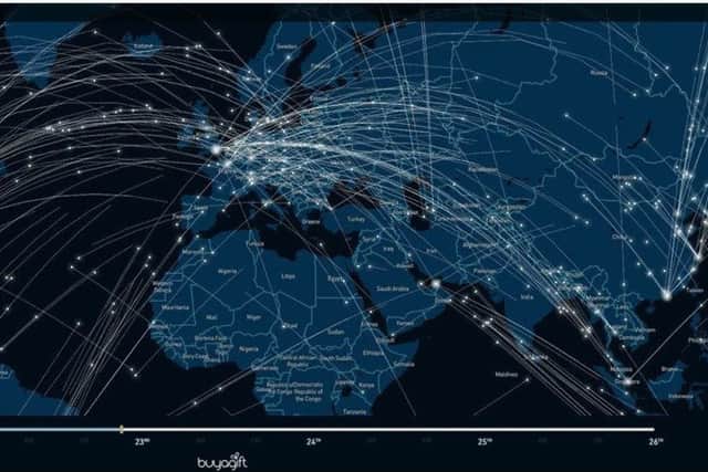 A snapshot of the global flights happening in the run up to Christmas. Pic: Buyagift