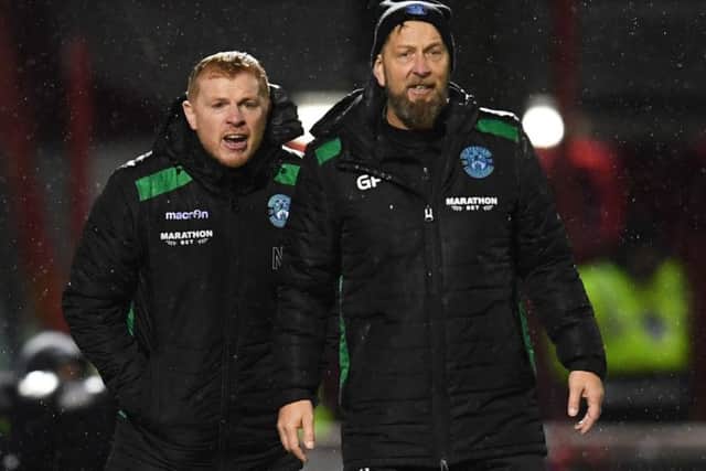 Hibs manager Neil Lennon (right) and his assistant Gary Parker. Pic: SNS
