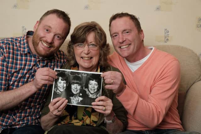Aileen Crosbie (centre), founder of the Double Trouble Club, with her twins Kenny (left) and Mike (right) and a picture published in the local press to promote the club in its early days