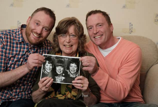 Aileen Crosbie (centre), founder of the Double Trouble Club, with her twins Kenny (left) and Mike (right) and a picture published in the local press to promote the club in its early days