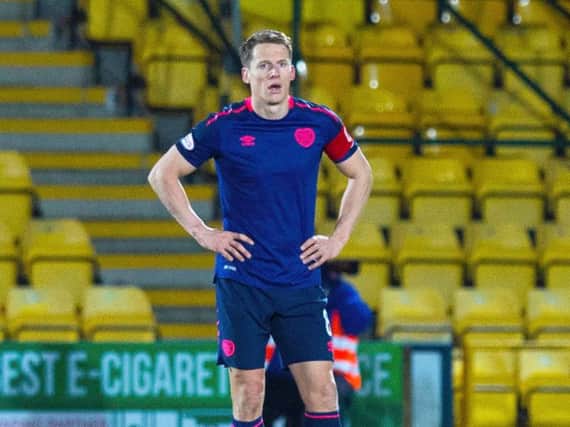 Hearts captain Christophe Berra looks shocked during the 5-0 defeat by Livingston
