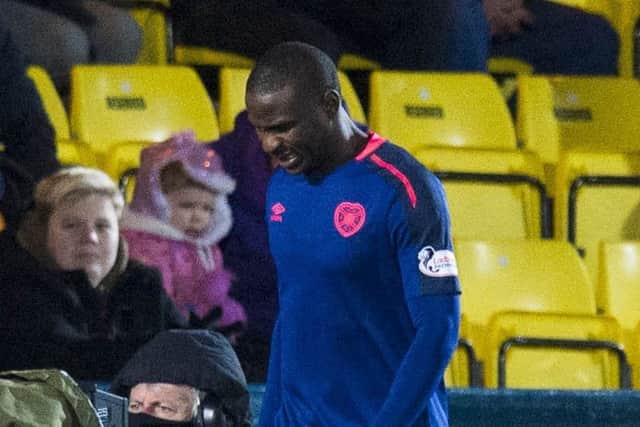 Hearts defender Clevid Dikamona tore his thigh muscle against Livingston. Pic: SNS