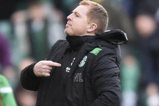 Hibs manager Neil Lennon celebrates after the final whistle against Celtic