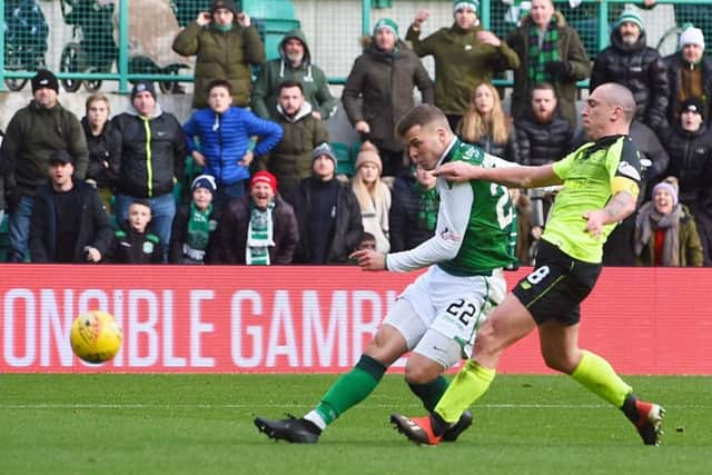 Hibs striker Florian Kamberi makes it 2-0 against Celtic. Pic: SNS