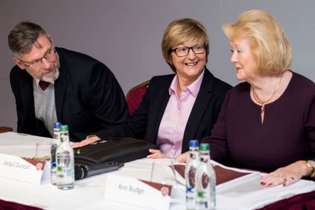 Hearts manager Craig Levein at the AGM alongside finance director Jacqui Duncan and club owner Ann Budge