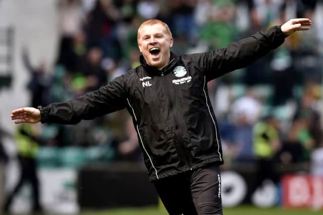 Neil Lennon performed the infamous aeroplane celebration last time Hibs and Rangers met. Pic: SNS