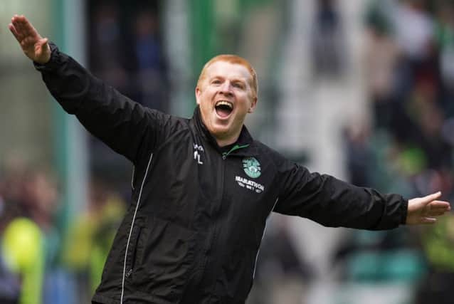 Hibs manager Neil Lennon celebrating after Jamie Maclaren's late equaliser in the 5-5 draw at the end of last season. Picture: SNS