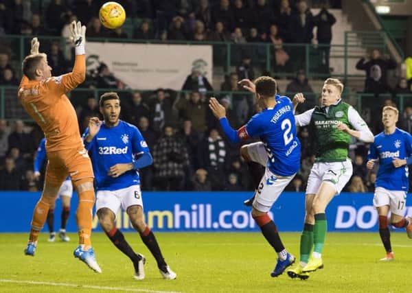 Oli Shaw fires a great chance over the bar for Hibs