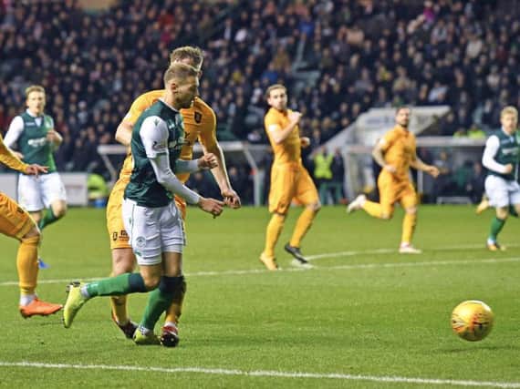 Martin Boyle wins Hibs a penalty but Florian Kamberi's effort was saved. Pic: SNS