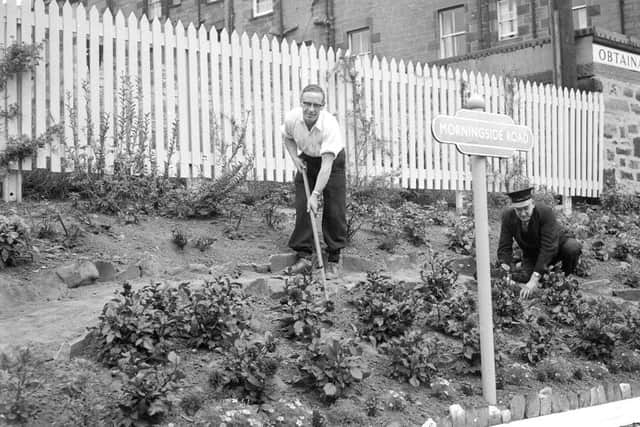 Tidying the flowerbeds at Morningside Station on the South Sub line in 1961