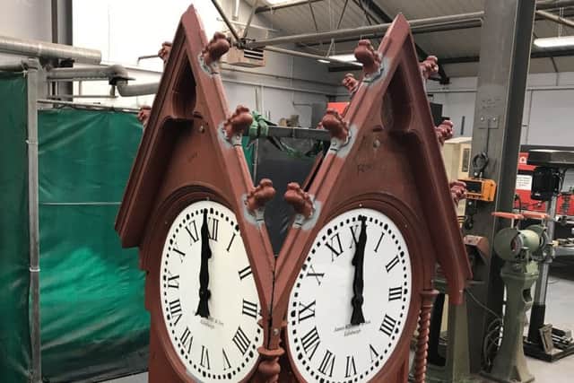 Portobello Burgh clock - which is to be restored to it's 'home' outside Portobello Baptist church after 15 years absence.  Images from Portobello community Council