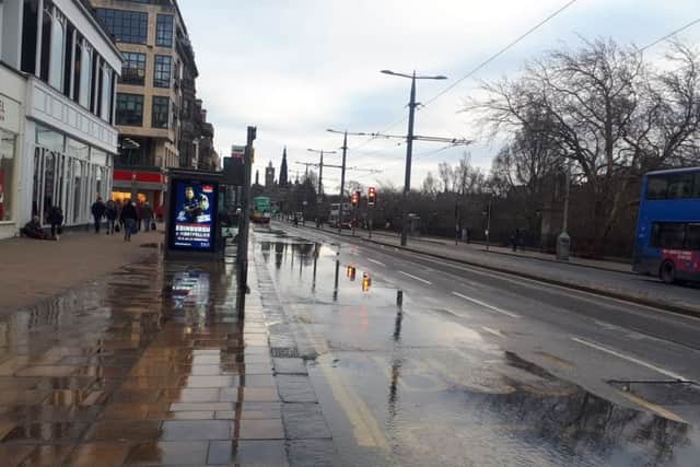 Water can be seen flowing down Princes Street. Picture: Contributed