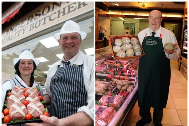 Ryan and Moya Anderson (left) of Anderson's Quality Butchers and Sandy Crombie of Crombies of Edinburgh (right)
