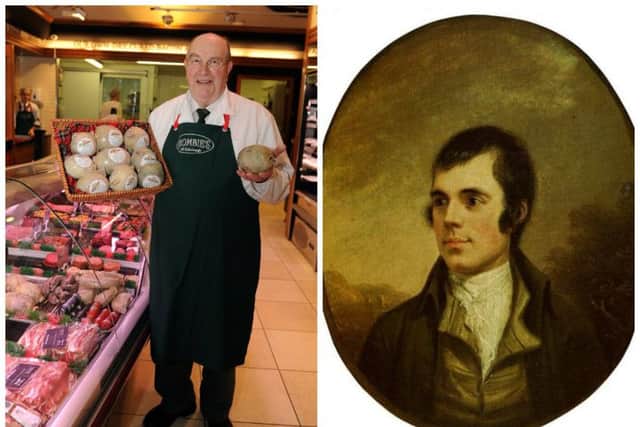 Sandy Crombie with some of his haggis, and a portrait of Robert Burns