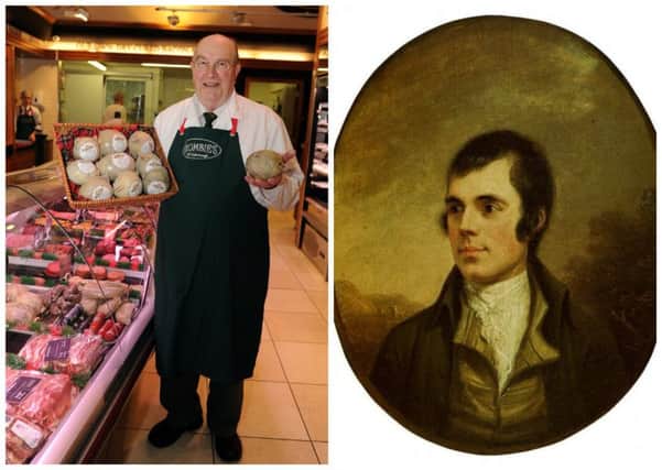 Sandy Crombie with some of his haggis, and a portrait of Robert Burns