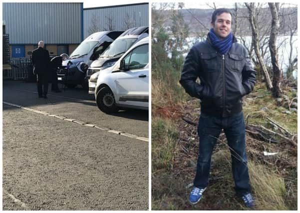Police scour the van (left) for clues following the death of Craig Bruce (right)
