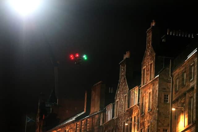 The Royal Mile in Edinburgh during early morning filming of the Hollywood blockbuster The Avengers: Infinity War.