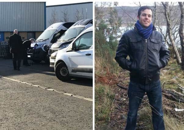 Police check a van (left) for clues following the death of Craig Bruce (right). Picture: contributed