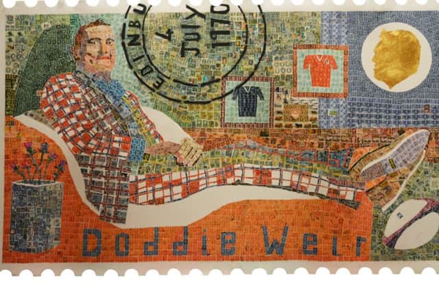The large portrait of Doddie Weir, made entirely from postage stamps by rugby fan and artist, Michael McGee.