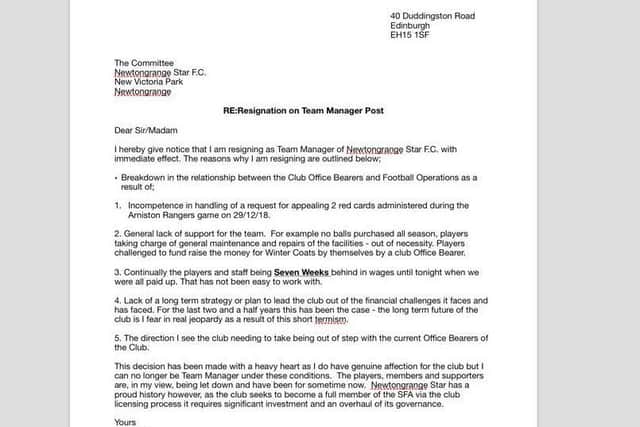 Resignation letter from Stevie McLeish posted on Newtongrange Star Facebook page