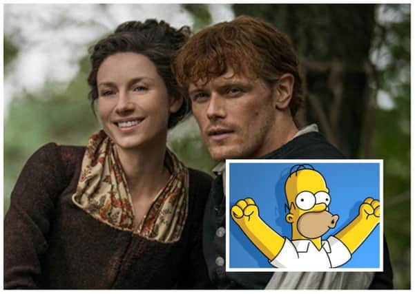 Catriona Balfe and Sam Heughan were over the moon at Outlander's reference in an episode of The Simpsons. Picture: Starz/Fox