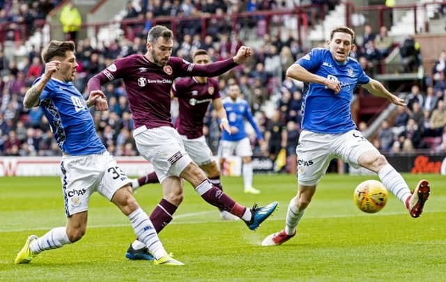 Michael Smith shoots for goal during the last meeting at Tynecastle between the two sides. Picture: SNS