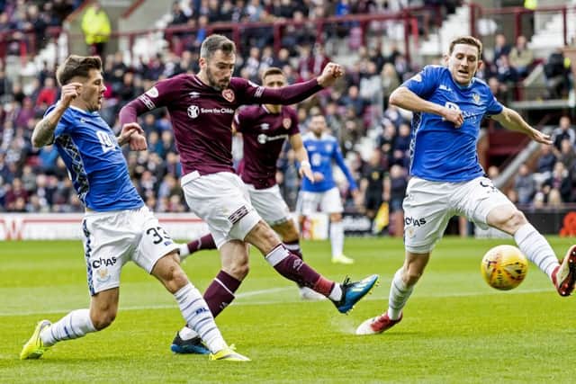 Michael Smith shoots for goal during the last meeting at Tynecastle between the two sides. Picture: SNS
