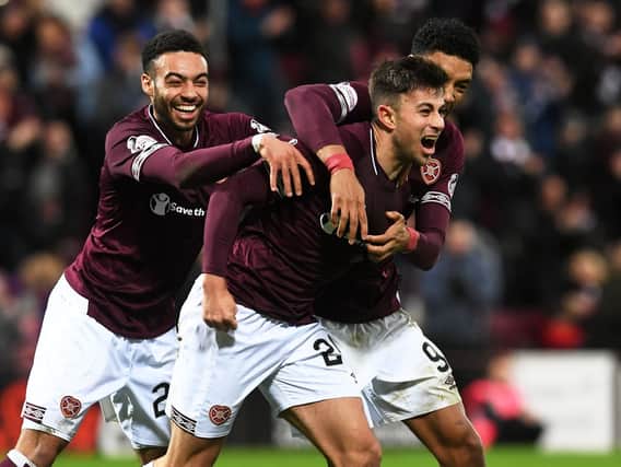 Marcus Godinho celebrates his first ever goal in a Hearts strip.