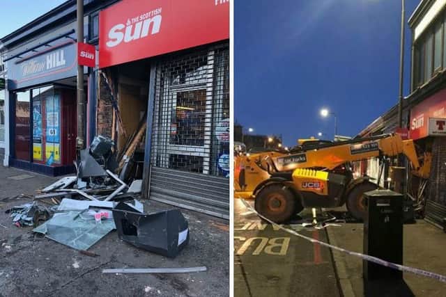 The aftermath of a suspected attempted ram-raid at a newsagent on Gorgie Road. Picture: JPIMedia