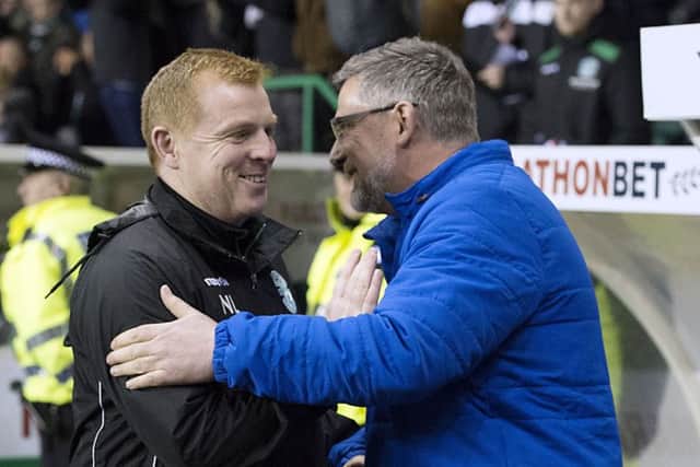 Neil Lennon and Craig Levein exchange greetings before the most recent Edinburgh derby at Easter Road