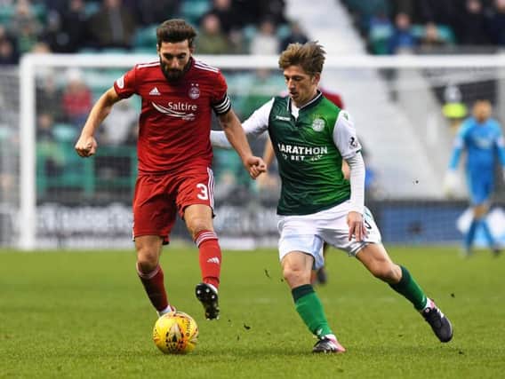 Ryan Gauld, right, views for possession with Aberdeen's Graeme Shinnie.