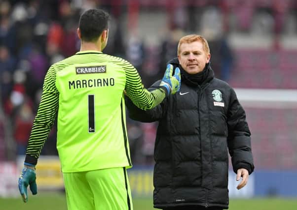 Hibs goalkeeper Ofir Marciano, left, and his former head coach Neil Lennon, right. Pic: SNS