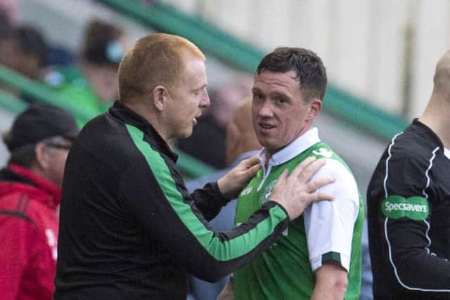 Neil Lennon speaks to Swanson during a Betfred Cup tie in July 2017. Picture: SNS Group