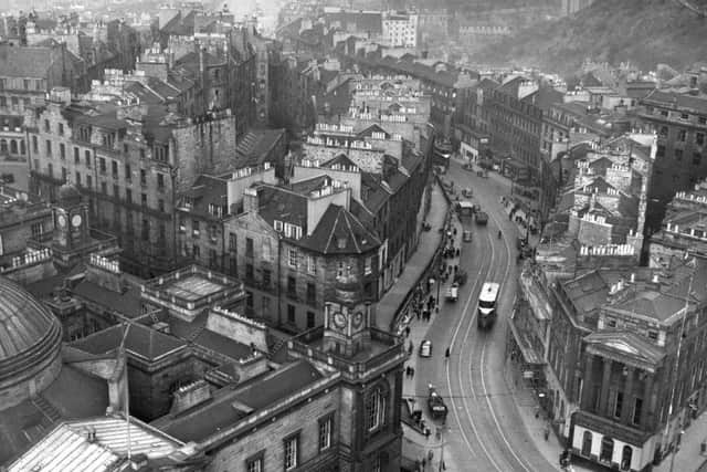 The gentle sloping curve of old Leith Street as viewed from the clocktower of the North British Hotel in the late 1940s.