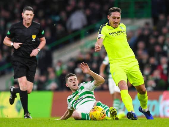 Mark Milligan had the Easter Road side's best opportunity of the first half but shot wide. Pic: SNS