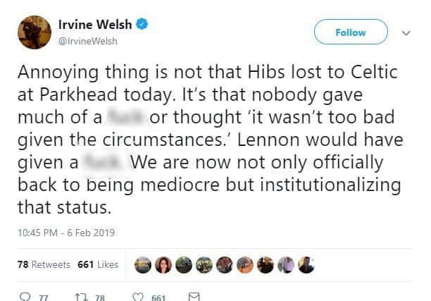 Irvine Welsh's tweet about Lennon. Picture: Irvine Welsh/Twitter