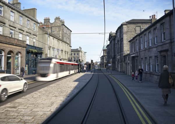 An artists impression of a tram running on Constitution Street in Leith