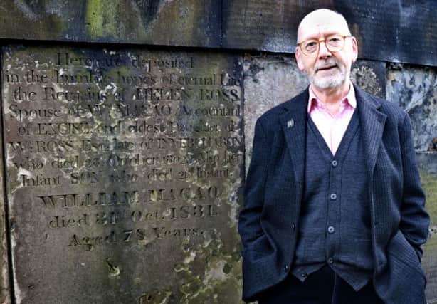Historian Barclay Price at William Macao's grave. William Macao was a Highland estate servant who became the first Chinese man to be baptised in the Church of Scotland.