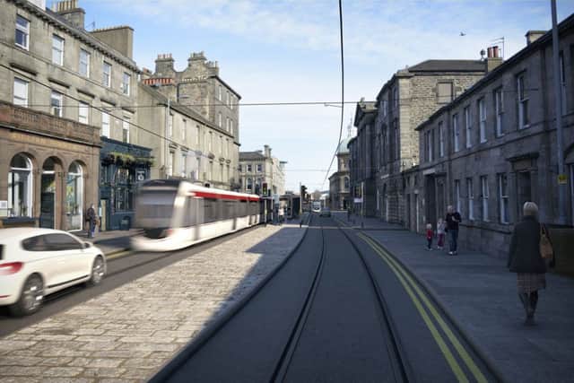 Artist impresions of how the trams will look going down Leith
