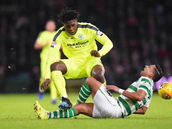 Hibs Darnell Johnson faces a two match ban for this challenge on Celtic's Emilio Izaguirre