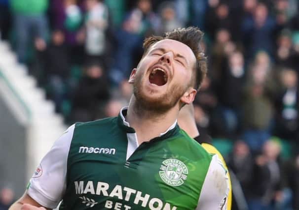 Hibs' Marc McNulty celebrates his goal at Easter Road in the William Hill Scottish Cup