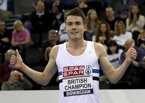 Chris O'Hare celebrates winning the Men's 3000 metres during day two of the SPAR British Athletic Indoor Championships at Arena Birmingham. Picture: Simon Cooper/PA Wire