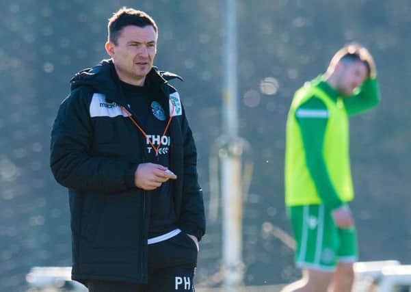 Paul Heckingbottom oversees Hibs training ahead of Saturday's clash with Hamilton Accies. Pic: SNS